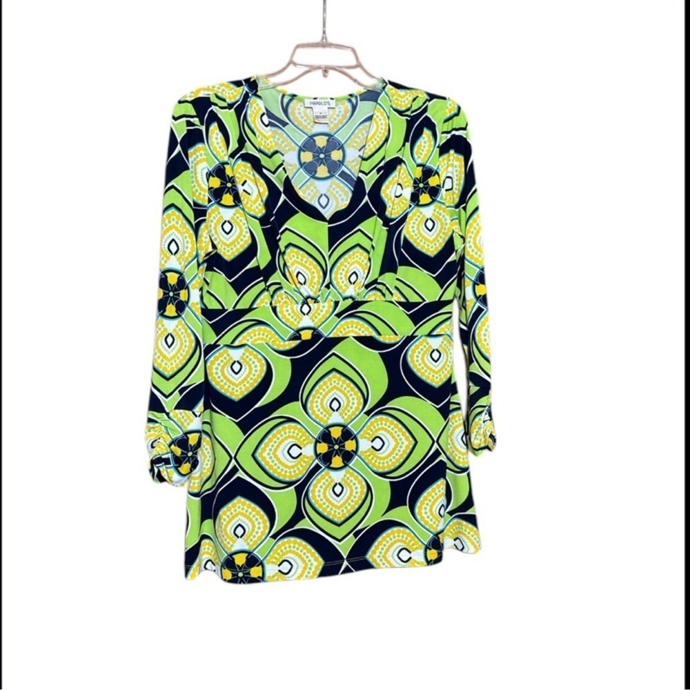Harold’s Vibrant Green and Blue Patterned blouse size M